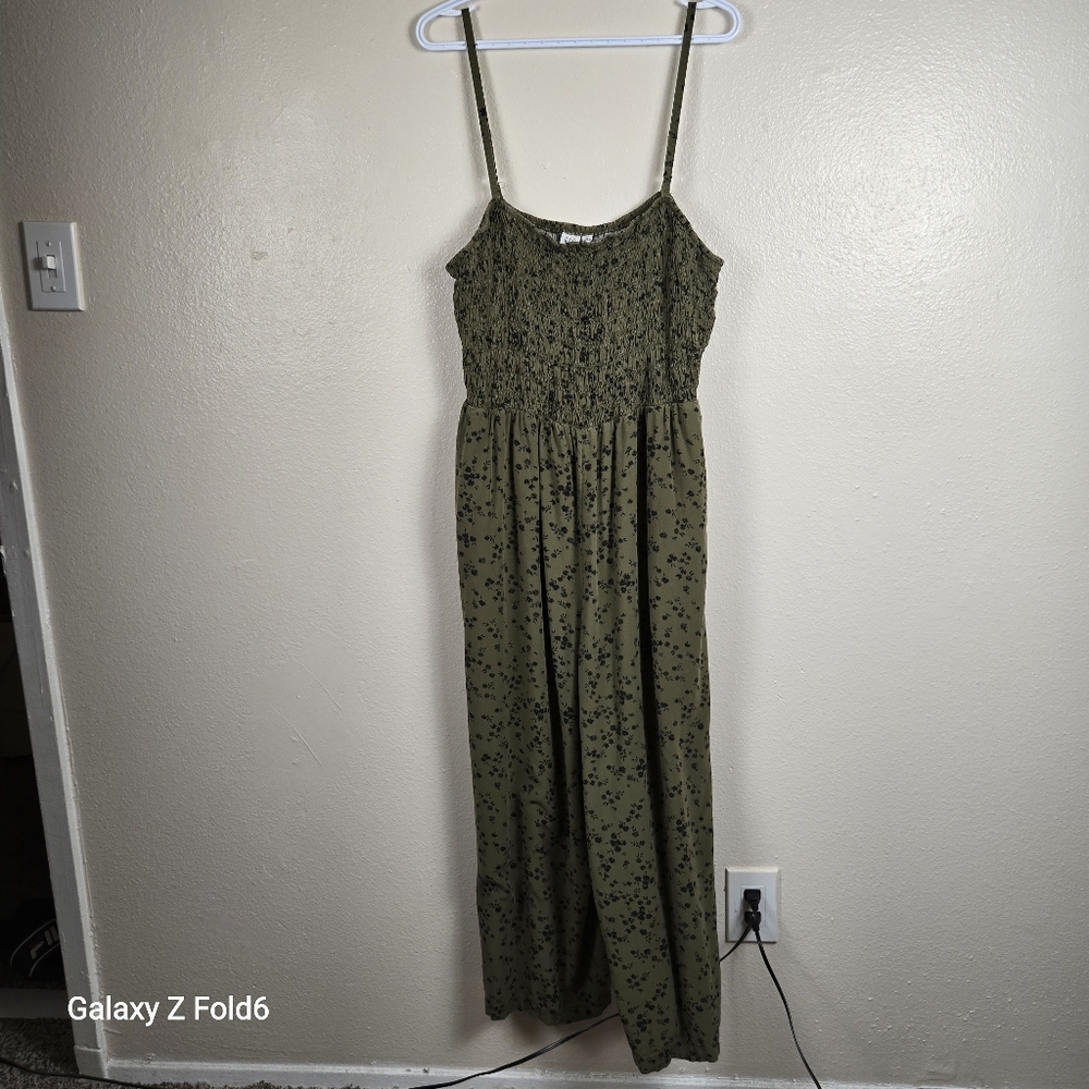 GAP‎ Jumpsuit XXL Green Floral Smocked Wide Leg Rayon Pockets Casual Summer